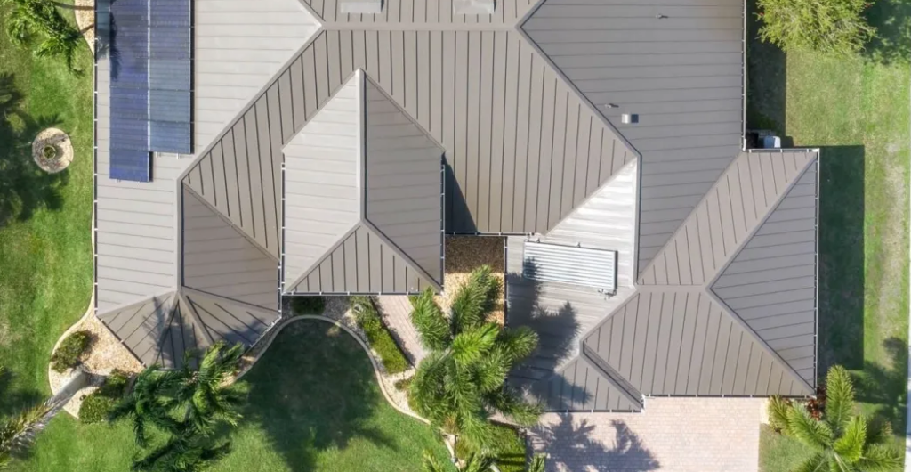 Aerial view of tan metal roof