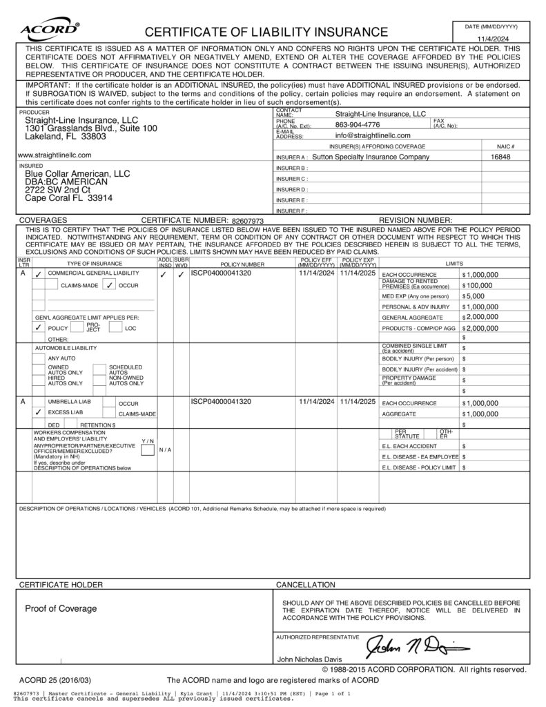 General liability insurance form